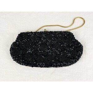 60’s Clutch Bag Hand Beaded Sequin‎ Black Vintage Gold Tone Chain Cocktail